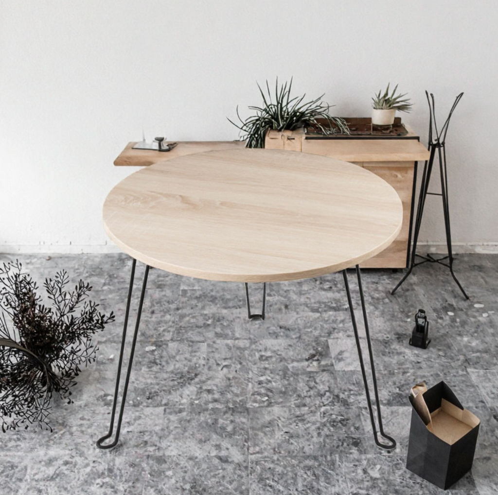 Portable Wire Frame Side Table with Solid Wood Top